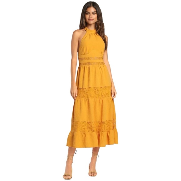 NWOT Lulus Marigold Lace Tiered Halter Midi Dress Size Small - Picture 1 of 9